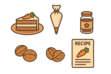 Set of icons representing ingredients and tools for baking carrot cake