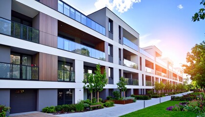 Fototapeta premium New modern block of flat, condo architecture. Residential apartment flat, luxury house complex. City real estate property