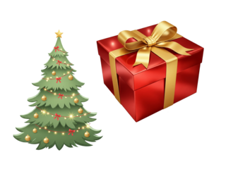 Festive 3D Render of a Decorated Christmas Tree and Red Gift Box with Golden Ribbon on a white / transparent background (PNG).