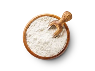 Fototapete Zu Essen Wheat flour in wooden bowl with spoon isolated on white background with clipping path.  © kasia2003