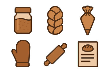 Set of six essential baking tools ingredients and finished goods icons for cooking and pastry preparation
