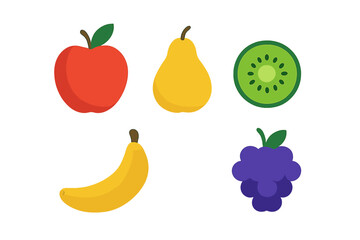 Set of fresh healthy fruits including apple, pear, kiwi, banana, and grapes