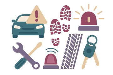Symbols for car accident investigation, vehicle repair, and emergency services