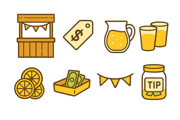 Lemonade stand business elements including drinks, cash, tip jar, and booth structure