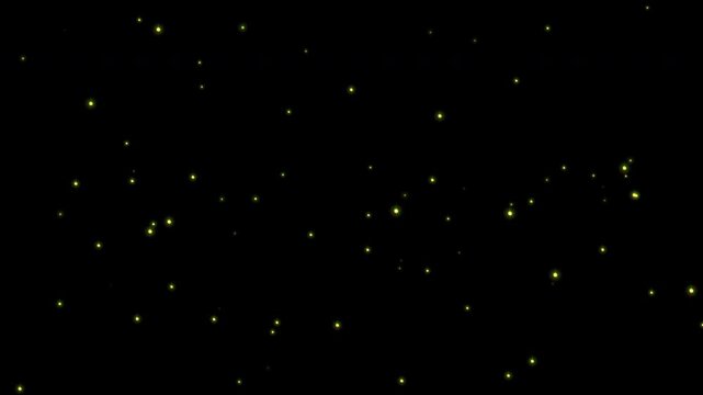 Flying glowing fireflies animation in green and yellow tones with soft light particles, transparent background with alpha channel, seamless loop for nature, magic, and night scenes