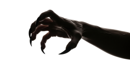 Grotesque monstrous hand with gnarled dark skin, obsidian claws, extended forward, dramatic chiaroscuro lighting, white studio background, horror and dark fantasy concept.