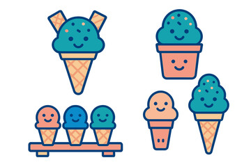 Happy ice cream scoops served in waffle cones and dessert cups