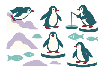 Cute cartoon penguins standing, sliding, and fishing on ice floes with fish and snow mounds