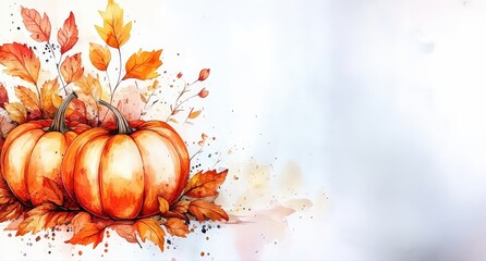 Illustration of watercolor pumpkins and autumn leaves for autumn season design