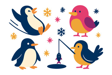 Cute winter birds set with playful penguins sliding and fishing among colorful snowflakes