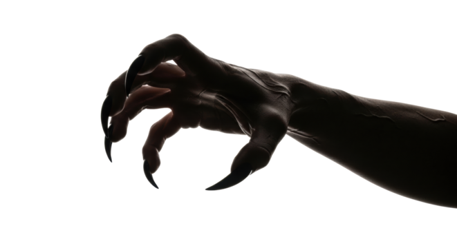 Grotesque monstrous hand with gnarled dark skin, obsidian claws, extended forward, dramatic chiaroscuro lighting, white studio background, horror and dark fantasy concept.