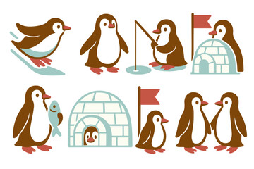 Cute cartoon penguins set of characters performing various winter activities near igloos and fishing