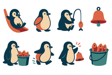 Collection of adorable cartoon penguins engaged in various activities like fishing and running