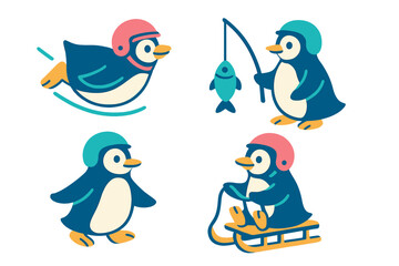 Cute cartoon penguins wearing helmets engaged in winter sports sledding and ice fishing