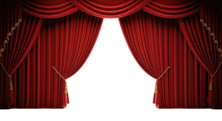 Luxurious crimson velvet theater curtains drawn open, opulent folds, gold ropes, transparent copy space, stage floor, dramatic spotlighting. Theatrical grandeur concept