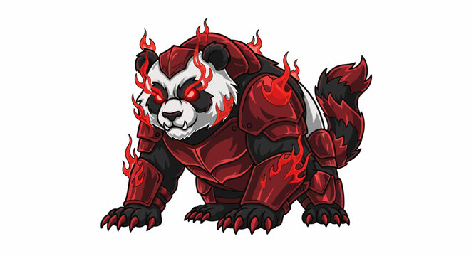 Ferocious armored panda warrior with fiery aura, ready for battle, perfect for gaming logos, fantasy art, or fierce mascot designs
