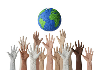 Diverse crumpled paper hands reaching for a textured paper globe, on a transparent background with soft studio lighting, concept of global unity and environmental care