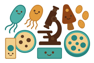 Set of cute microbiology icons featuring bacteria, fungus, and laboratory tools