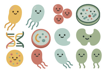 Charming set of microbiology icons featuring microbes and DNA helix structure