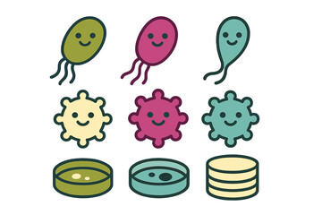 Set of cute cartoon microbes bacteria and laboratory petri dish icons