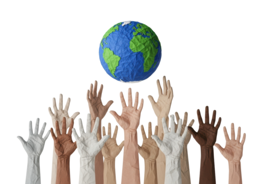 Diverse crumpled paper hands reaching for a textured paper globe, on a transparent background with soft studio lighting, concept of global unity and environmental care