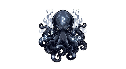 Mystic octopus with glowing runes for Viking inspired designs or nautical themed artwork that evokes sea mythology and powerful ancient symbolism © iiTzKuKu