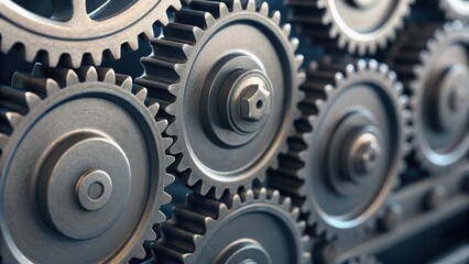 Close-up view of metallic gears interlocking, showcasing intricate details and textures in a mechanical system.