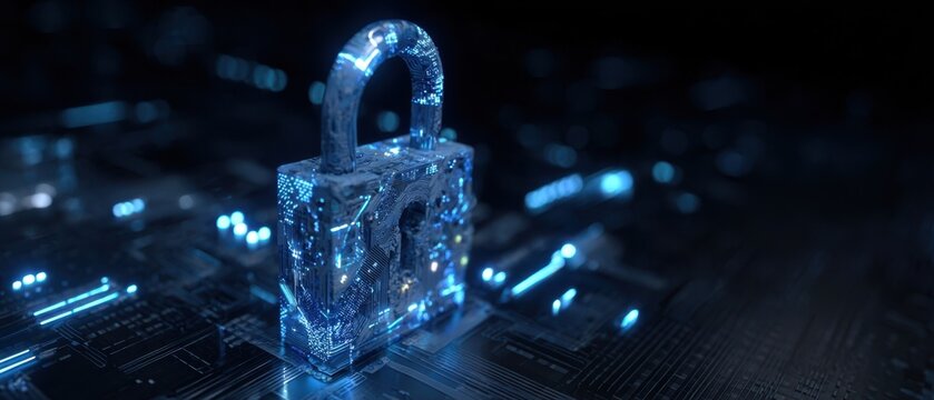 The Padlock of Digital Security on a Futuristic Circuit Board at Night - Powered by Adobe