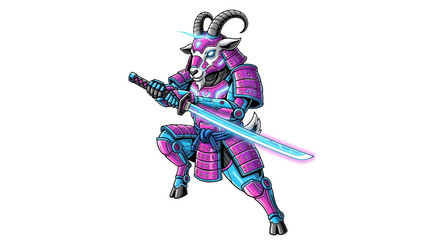 Intense cyber samurai goat warrior ready for battle with glowing katana sword in a futuristic world, perfect for gaming, animation, and branding projects