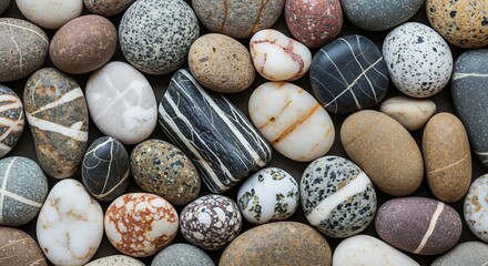 Smooth Polished River Rocks and Pebbles in Various Colors and Patterns.