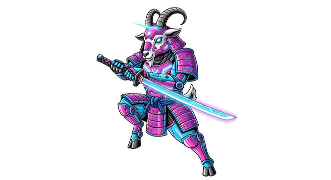 Intense cyber samurai goat warrior ready for battle with glowing katana sword in a futuristic world, perfect for gaming, animation, and branding projects