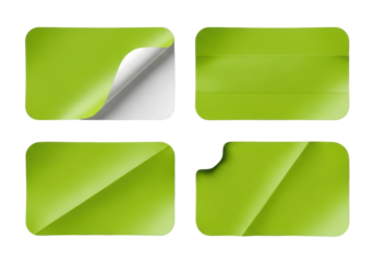 Four lime green rectangular adhesive labels with rounded corners, varied wear & tear, on a transparent background with copy space, soft studio light. Concept for branding templates