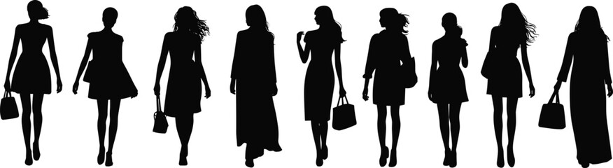 Silhouette women fashion, stylish female figures, handbag accessory poses, elegant clothing diversity, modern dress, coat, gown, walking posture, black outline, white background, vector illustration
