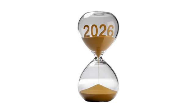 Hourglass counting down to the year 2026.