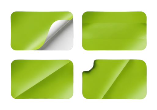 Four lime green rectangular adhesive labels with rounded corners, varied wear & tear, on a transparent background with copy space, soft studio light. Concept for branding templates - Powered by Adobe
