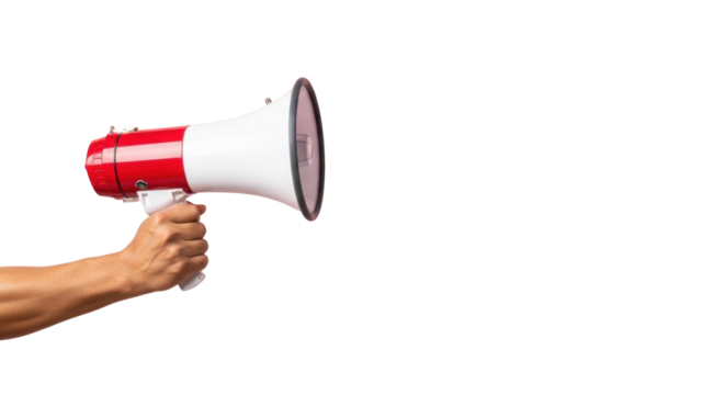 Adult male hand with medium brown skin holding a modern white megaphone with red accents, firm grip, on a plain light pink studio background with copy space, concept of communication and authority