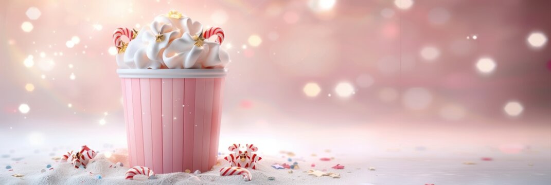 Festive Pink Dessert Cup with Whipped Cream, Candy Canes, and Golden Stars on Sparkling Bokeh Background