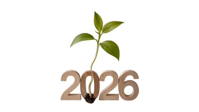 A young plant sprouting from the year 2026.