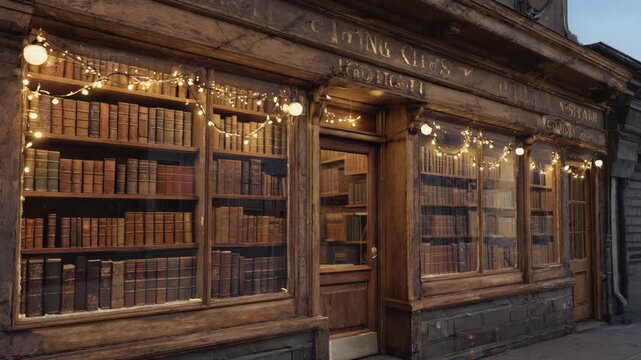 Cozy bookstore exterior with warm lighting and vintage charm