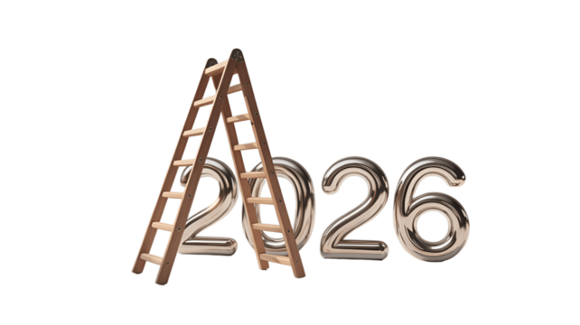 The concept of progress and goals for the year 2026 symbolized by a wooden ladder.