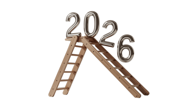 A visual representation of the year 2026 atop a ladder.