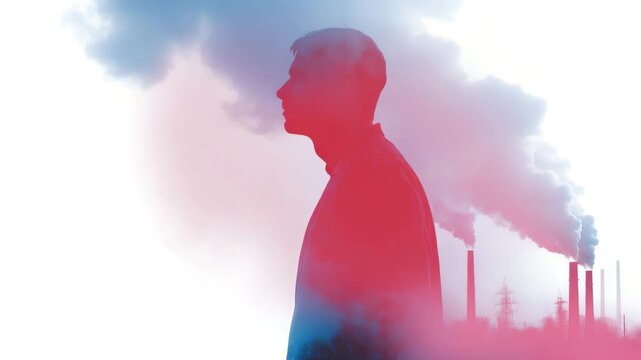 Double Exposure Man Silhouette with Industrial Factory and Pollution Smoke Video