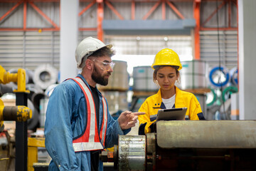 female engineer supervisor advice technician foreman to inspect and check spare part equipment of production machine, team of diverse workers working together at industrial manufacturing factory