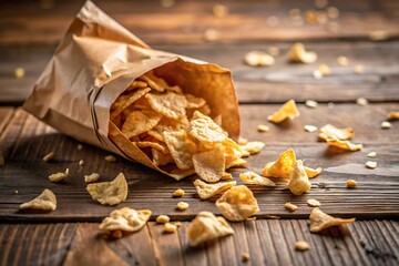 Crispy corn flakes spilling out of a paper bag on a wooden table