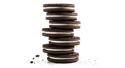 Stack of delicious chocolate sandwich cookies with cream filling isolated on white background. Sweet snack or dessert with crumbs