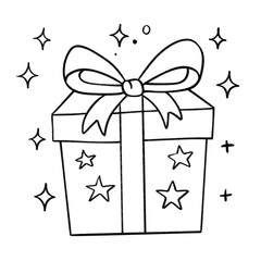 Gift box with stars and ribbon outline illustration, festive present in black and white cartoon style
