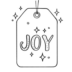 Gift tag with "JOY" lettering and sparkles outline illustration, festive and uplifting holiday label in black and white cartoon style
