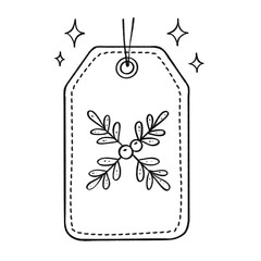 Gift tag with "JOY" text and sparkles outline illustration, cheerful holiday label in black and white cartoon style
