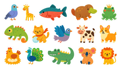 Obraz premium PNG Colorful cartoon animal illustrations, element set on transparent background
