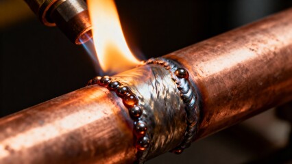 Soldered copper pipe joint with flame and melted bead, macro view